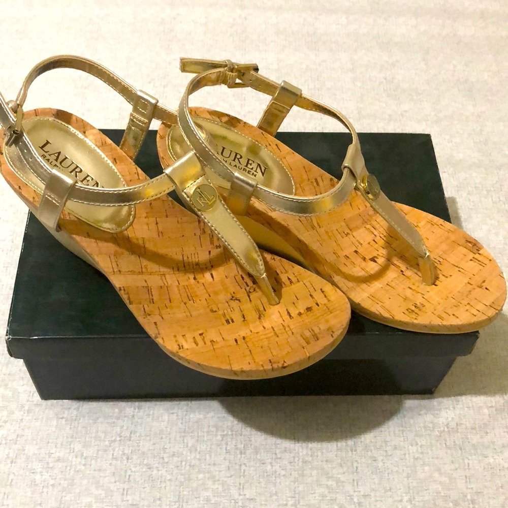 RALPH LAUREN GOLD WEDGE SANDALS